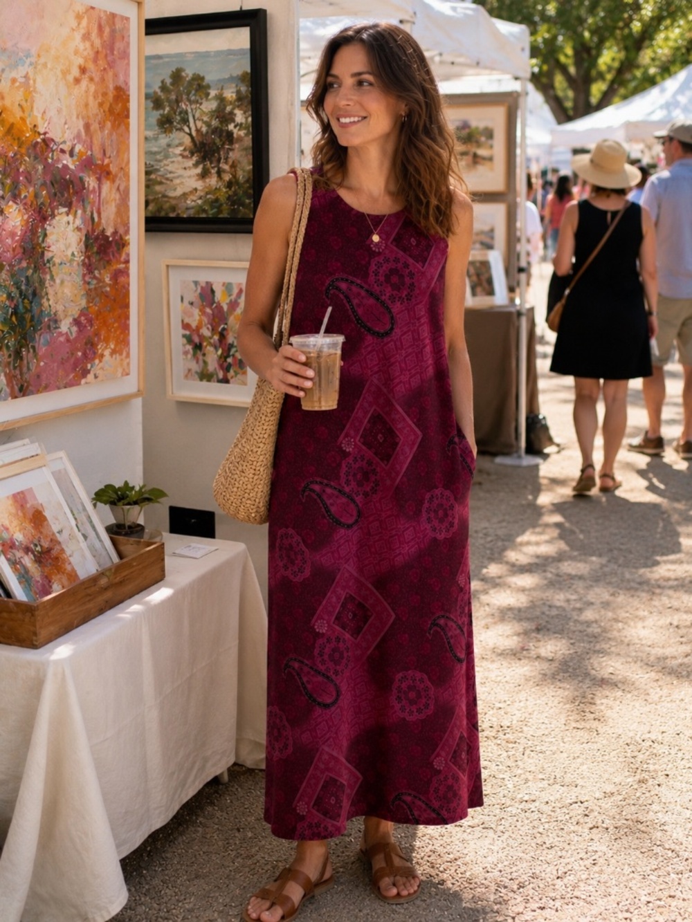White Stag Sleeveless Burgundy Patterned Maxi Dress